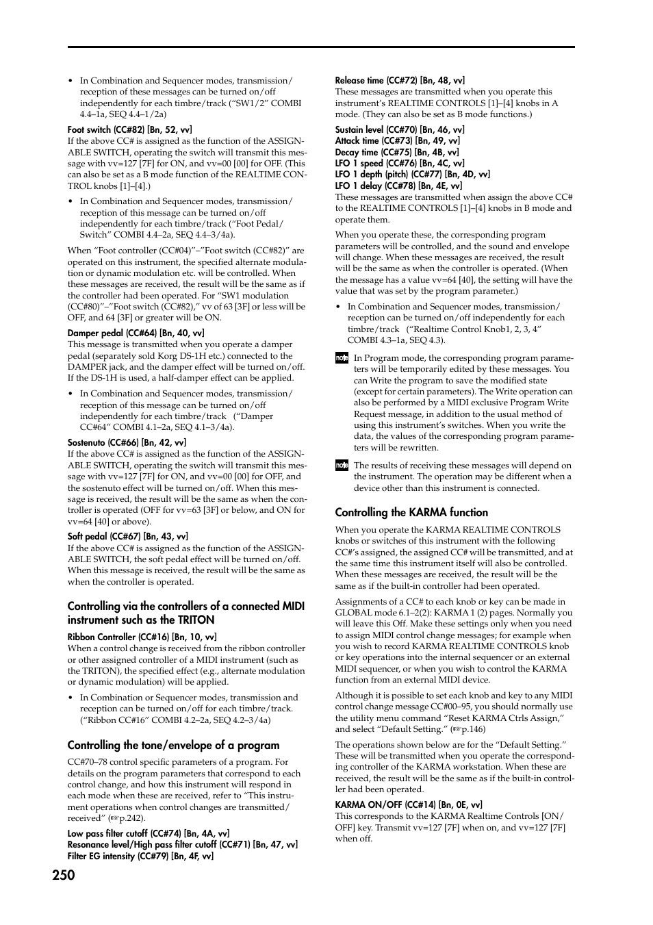 Controlling via the controllers of a connected mid, Controlling the tone/envelope of a program, Controlling the karma function | KORG TRITON STUDIO music workstation User Manual | Page 260 / 305