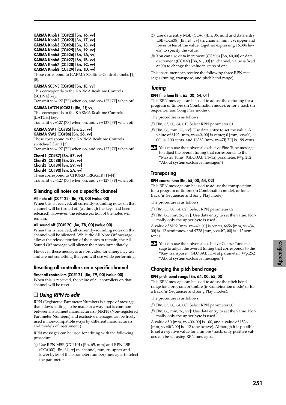 Silencing all notes on a specific channel, Resetting all controllers on a specific channel, Tuning | Transposing, Changing the pitch bend range, Appendices 251 | KORG TRITON STUDIO music workstation User Manual | Page 261 / 305