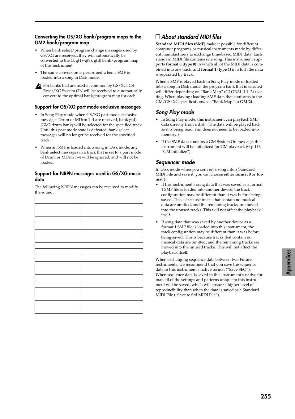 Converting the gs/xg bank/program maps to the gm2, Support for gs/xg part mode exclusive messages, Support for nrpn messages used in gs/xg music data | Song play mode, Sequencer mode, Appendices 255, About standard midi files | KORG TRITON STUDIO music workstation User Manual | Page 265 / 305