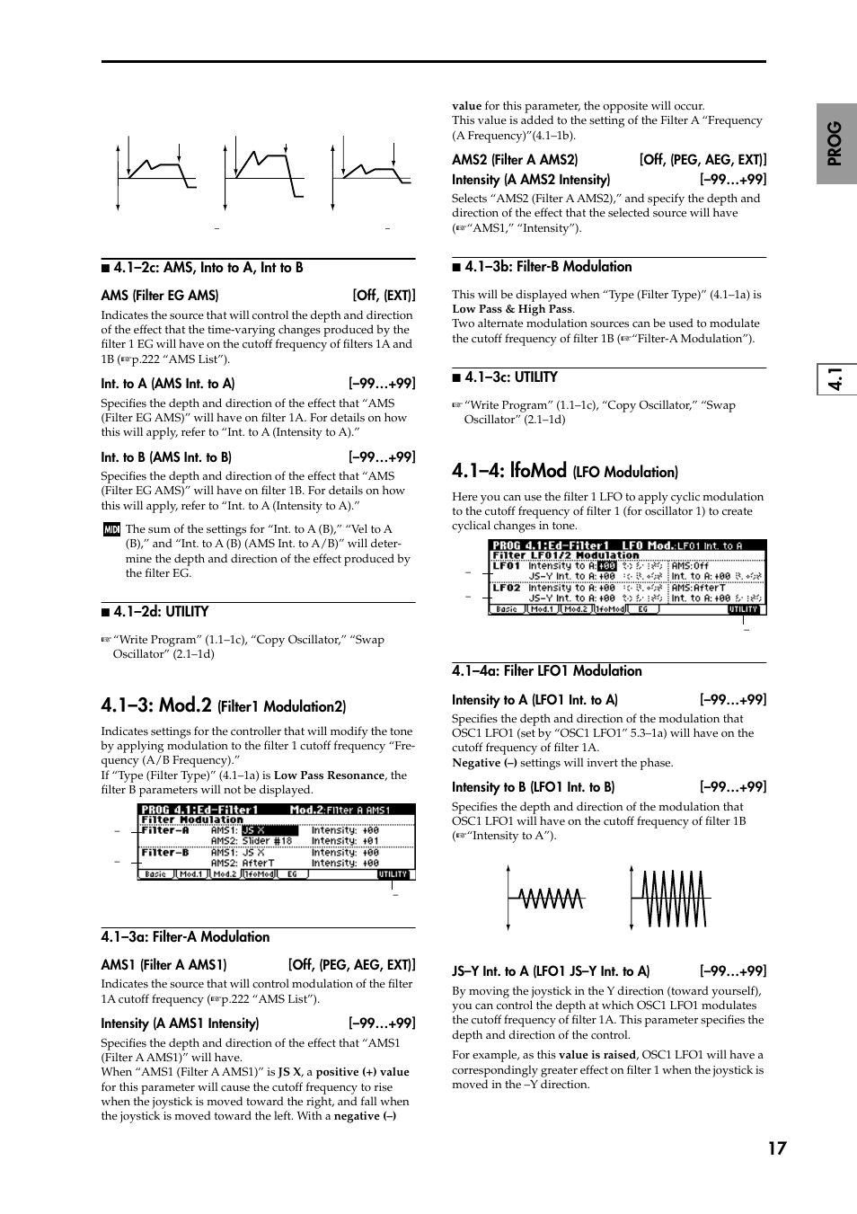 N 4.1–2c: ams, into to a, int to b, N 4.1–2d: utility, 1–3: mod.2 (filter1 modulation2) | 1–3a: filter-a modulation, N 4.1–3b: filter-b modulation, N 4.1–3c: utility, 1–4: lfomod (lfo modulation), 1–4a: filter lfo1 modulation, 1–3: mod.2, 1–4: lfomod | KORG TRITON STUDIO music workstation User Manual | Page 27 / 305