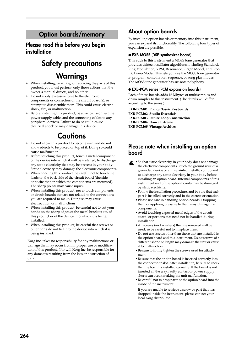 Option boards/memory, About option boards, Please note when installing an option board | Safety precautions warnings, Cautions, Please read this before you begin installation | KORG TRITON STUDIO music workstation User Manual | Page 274 / 305