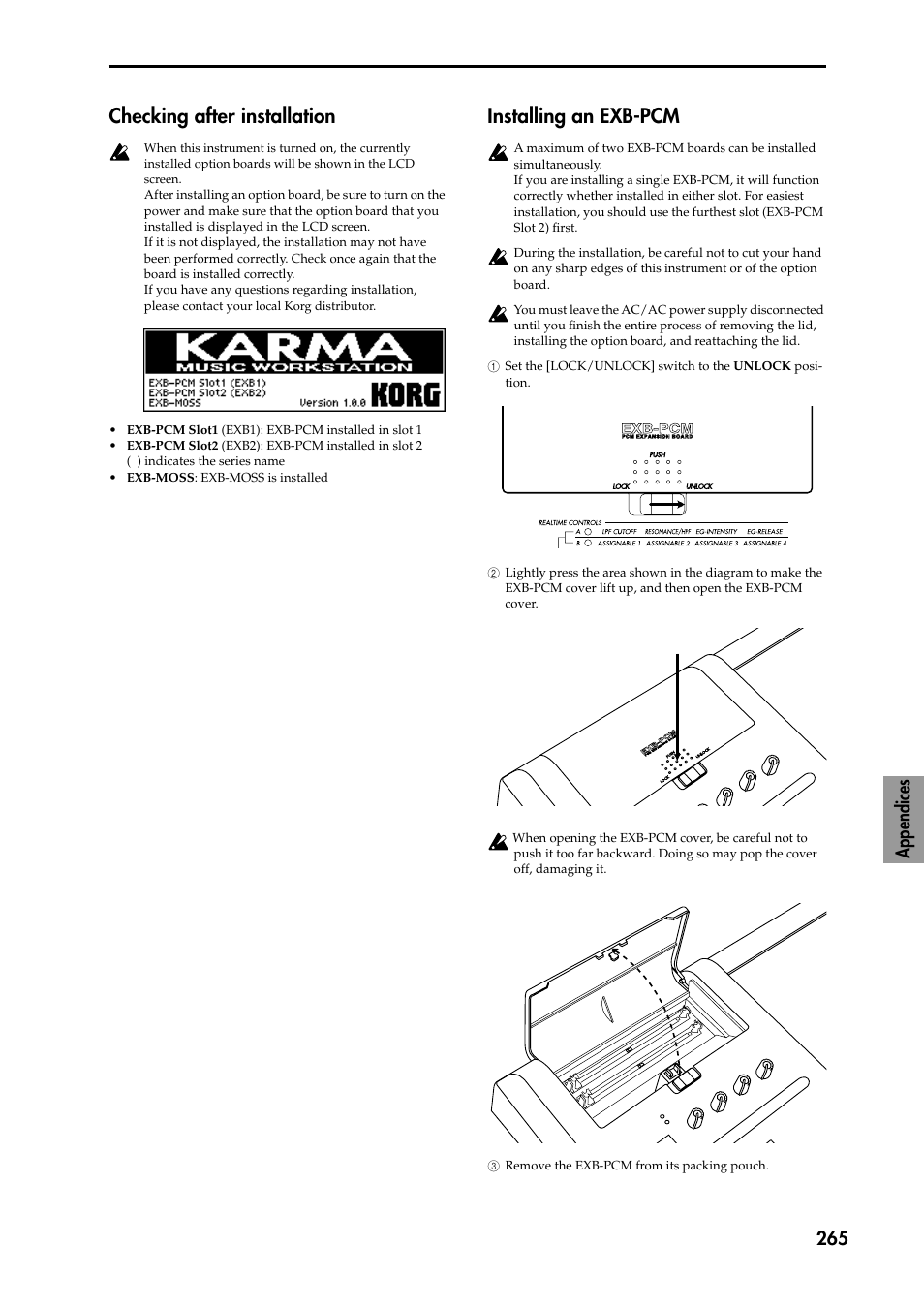 Checking after installation, Installing an exb-pcm, Appendices 265 | KORG TRITON STUDIO music workstation User Manual | Page 275 / 305