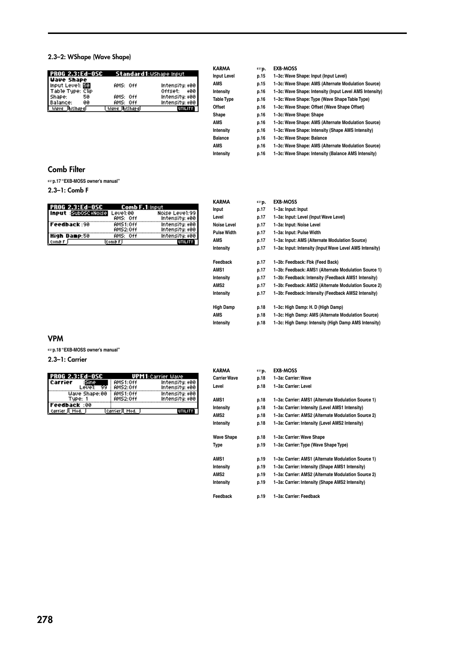 Bass or string-like sounds, P.278, The sound | Comb filter | KORG TRITON STUDIO music workstation User Manual | Page 288 / 305