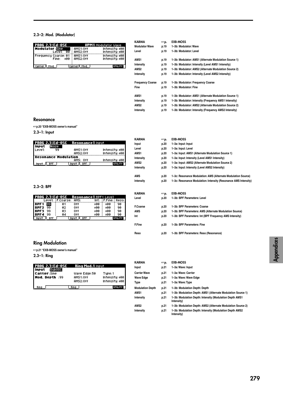 Especially good for mallet sounds or pads, P.279, Appendices 279 | Resonance, Ring modulation | KORG TRITON STUDIO music workstation User Manual | Page 289 / 305