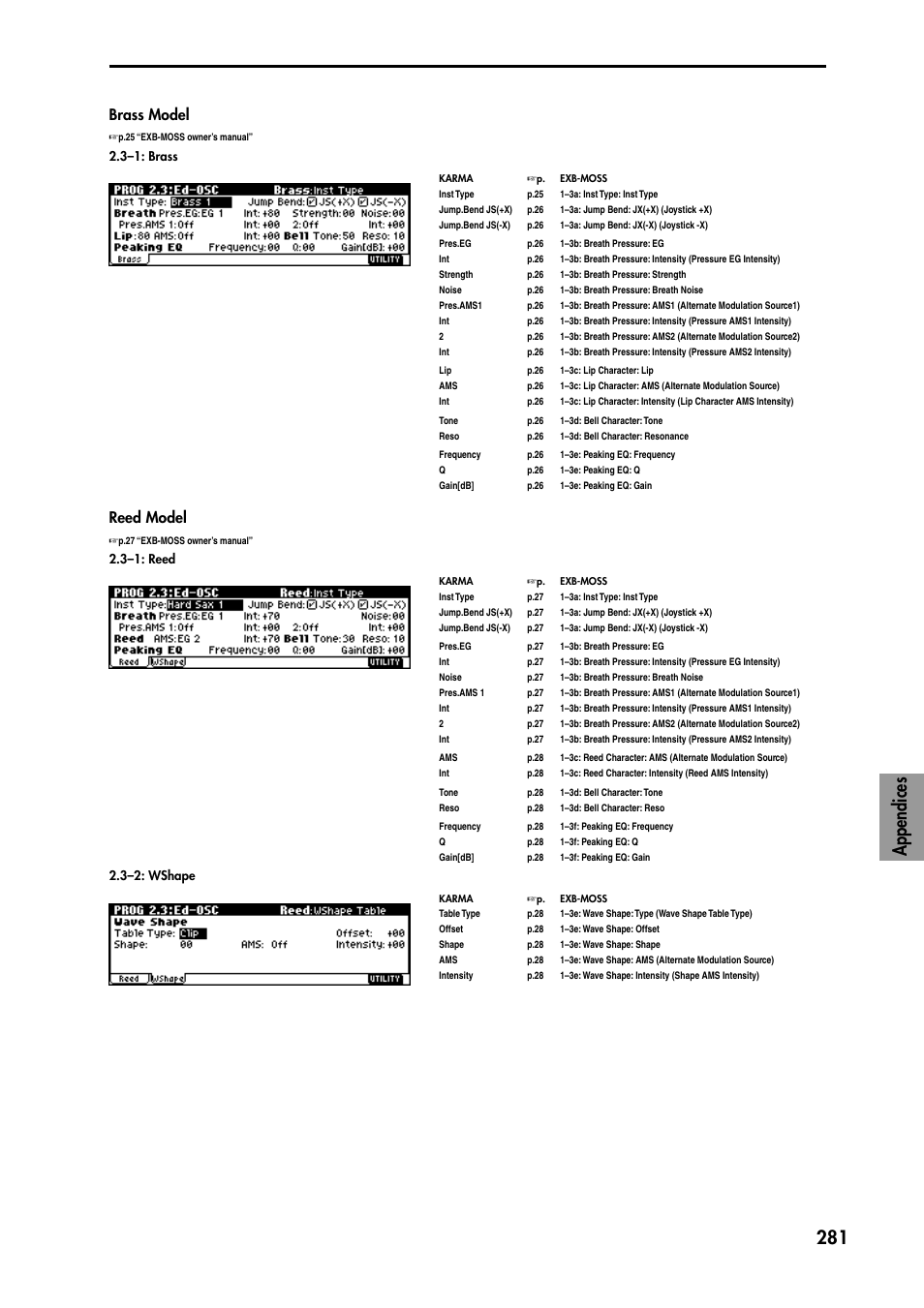 P.281, Appendices 281, Brass model | Reed model | KORG TRITON STUDIO music workstation User Manual | Page 291 / 305