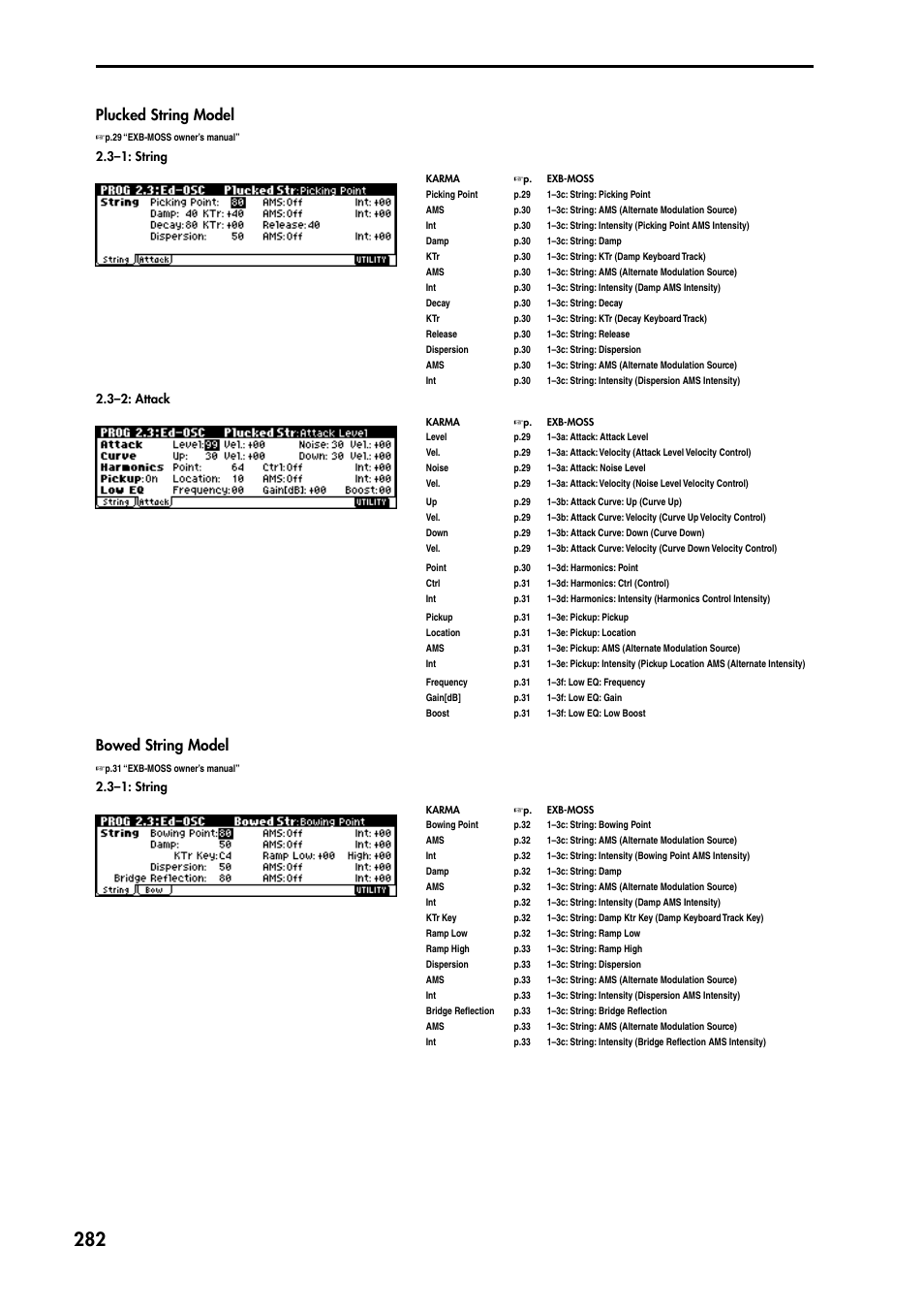 P.282, Plucked string model, Bowed string model | KORG TRITON STUDIO music workstation User Manual | Page 292 / 305