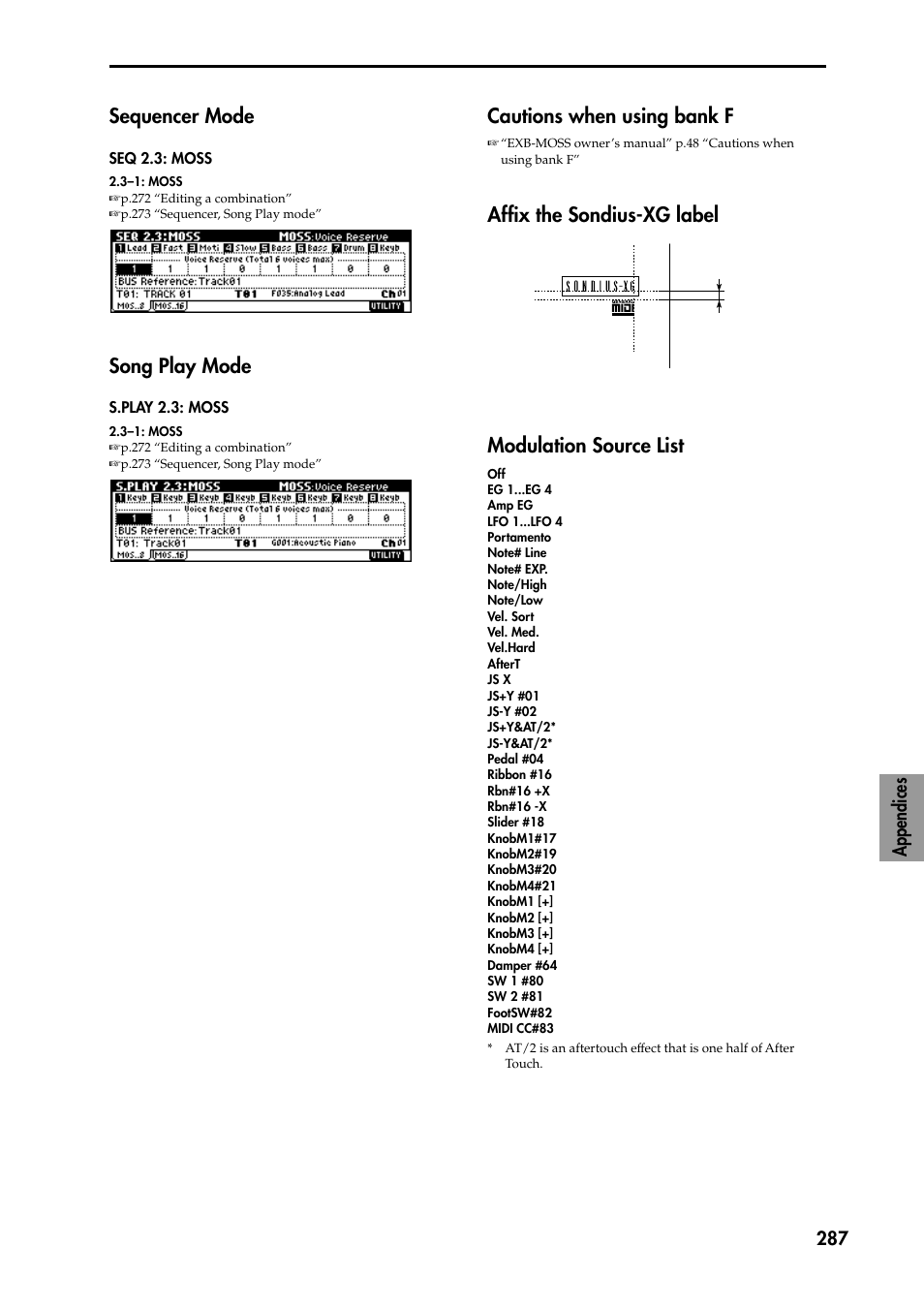 Song play mode, Affix the sondius-xg label, Modulation source list | Cautions when using bank f, Sequencer mode, Affix the sondius-xg label modulation source list | KORG TRITON STUDIO music workstation User Manual | Page 297 / 305