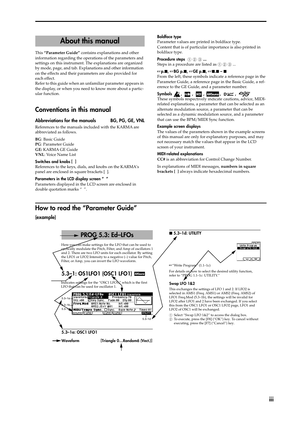 About this manual, Conventions in this manual, How to read the “parameter guide | Example), Prog 5.3: ed–lfos | KORG TRITON STUDIO music workstation User Manual | Page 3 / 305