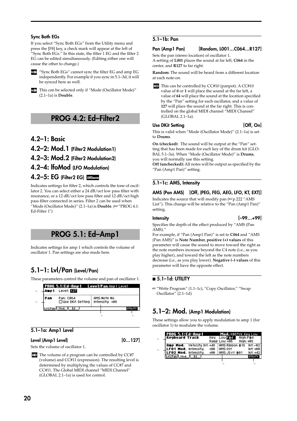 Prog 4.2: ed–filter2, 2–1: basic, 2–2: mod.1 (filter2 modulation1) | 2–3: mod.2 (filter2 modulation2), 2–4: lfomod (lfo modulation), 2–5: eg (filter2 eg), Prog 5.1: ed–amp1, 1–1: lvl/pan (level/pan), 1–1a: amp1 level, 1–1b: pan | KORG TRITON STUDIO music workstation User Manual | Page 30 / 305