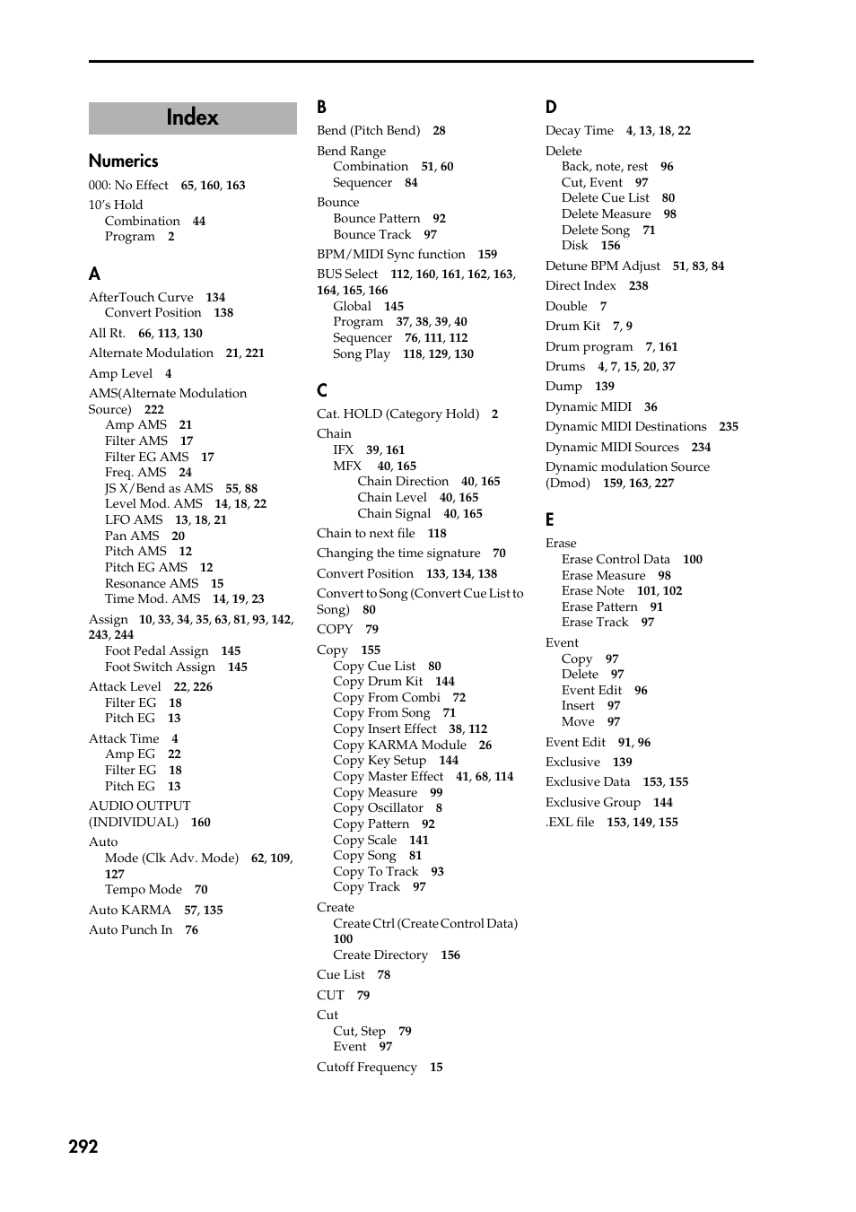 Index, 292 numerics | KORG TRITON STUDIO music workstation User Manual | Page 302 / 305