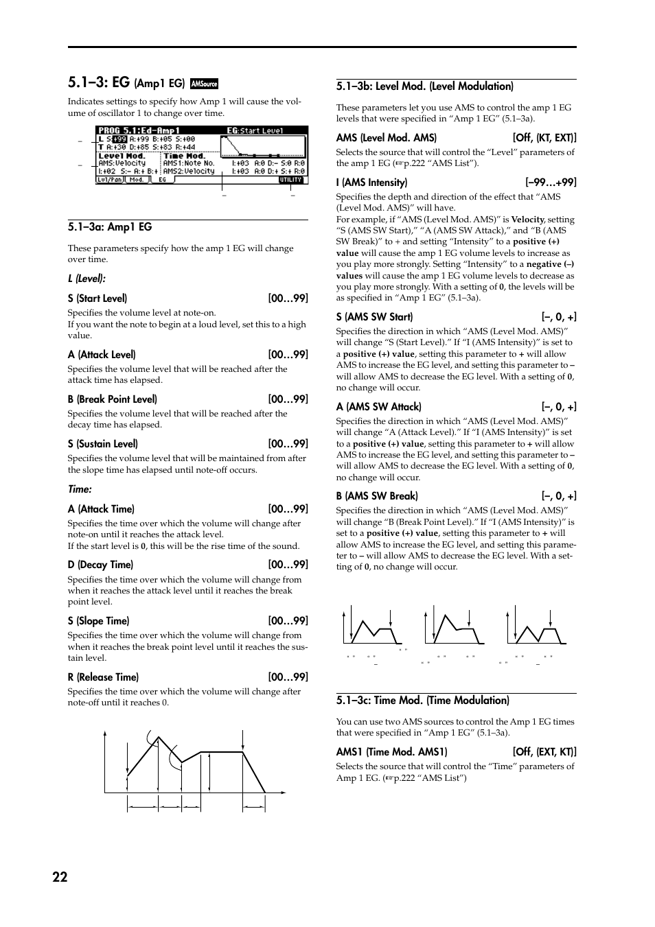 1–3: eg (amp1 eg), 1–3a: amp1 eg, 1–3b: level mod. (level modulation) | 1–3c: time mod. (time modulation), 1–3: eg, Amp1 eg) | KORG TRITON STUDIO music workstation User Manual | Page 32 / 305