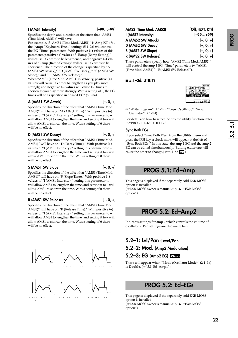 N 5.1–3d: utility, Prog 5.1: ed–amp, Prog 5.2: ed–amp2 | 2–1: lvl/pan (level/pan), 2–2: mod. (amp2 modulation), 2–3: eg (amp2 eg), Prog 5.2: ed–egs, P.23), 2–1: lvl/pan, 2–2: mod | KORG TRITON STUDIO music workstation User Manual | Page 33 / 305