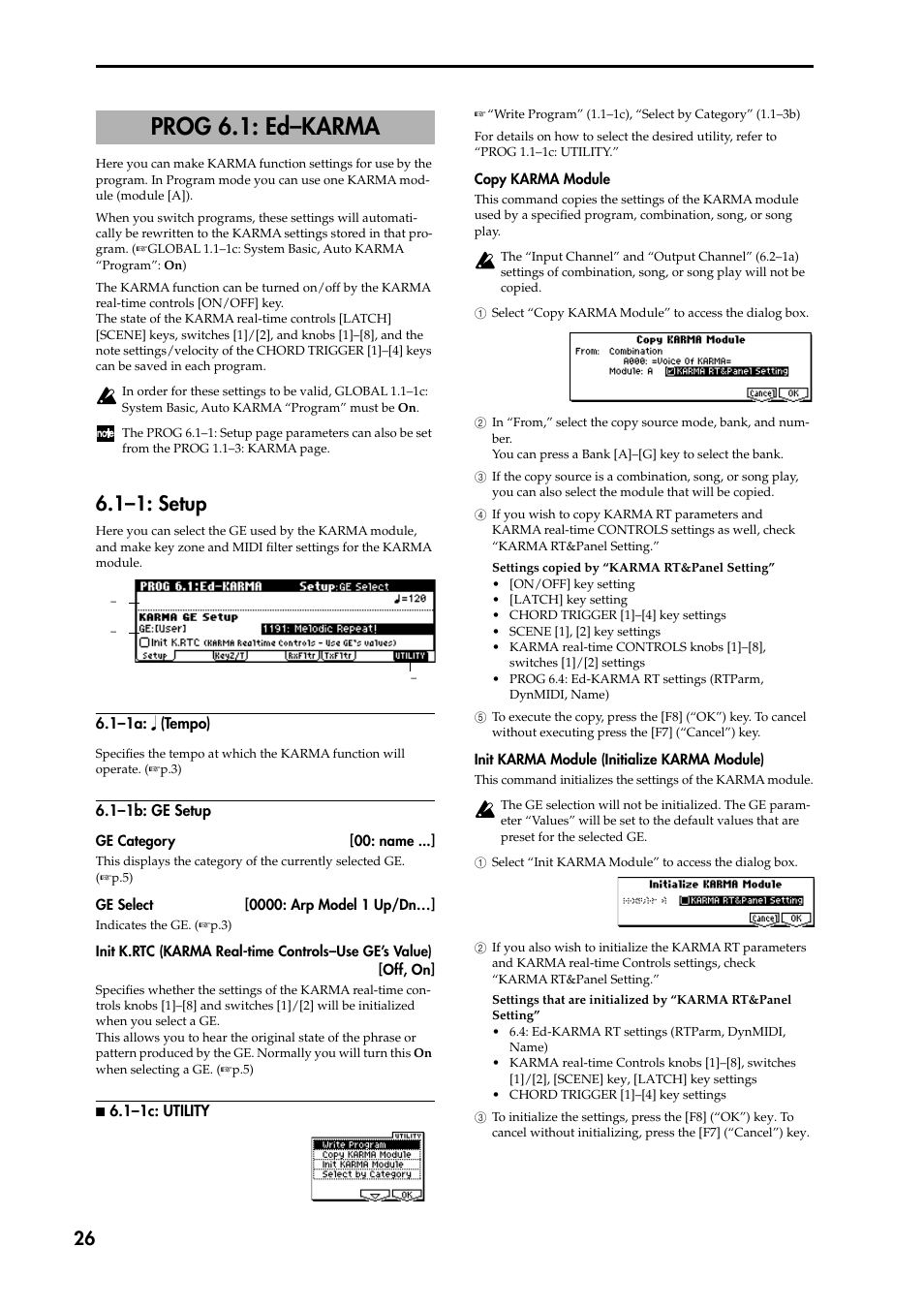 Prog 6.1: ed–karma, 1–1: setup, 1–1a: q (tempo) | 1–1b: ge setup, P.26) | KORG TRITON STUDIO music workstation User Manual | Page 36 / 305