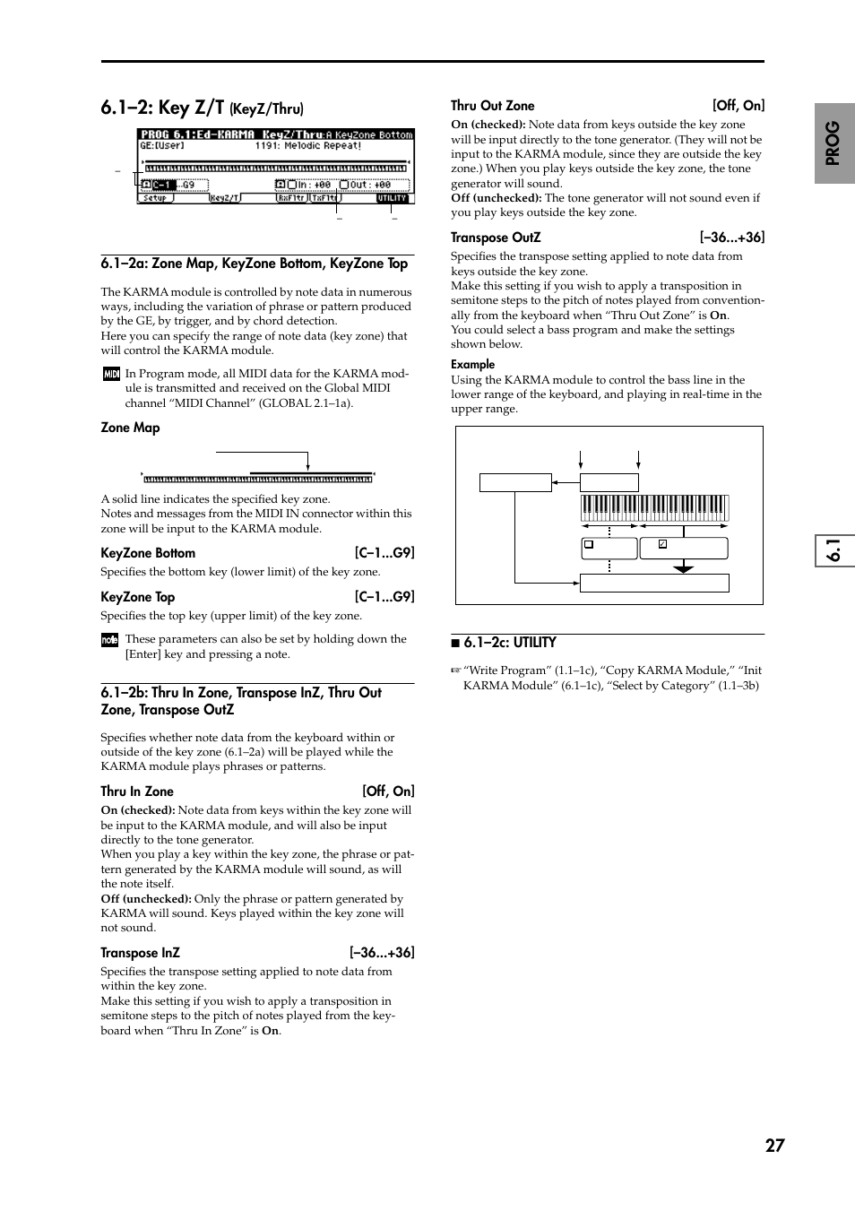 1–2a: zone map, keyzone bottom, keyzone top, 1–2b: thru in zone, transpose inz, thru out zone, N 6.1–2c: utility | 1–2: key z/t (keyz/thru), 1–2: key z/t | KORG TRITON STUDIO music workstation User Manual | Page 37 / 305