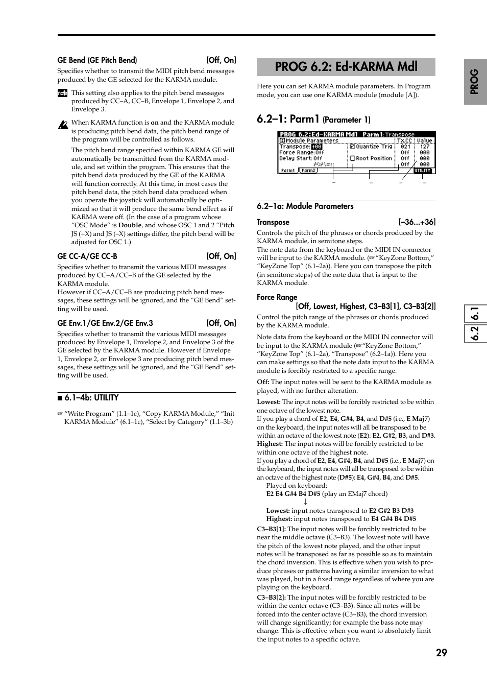 N 6.1–4b: utility, Prog 6.2: ed-karma mdl, 2–1: parm1 (parameter 1) | 2–1a: module parameters, Ger etc.), P.29), 2–1: parm1 | KORG TRITON STUDIO music workstation User Manual | Page 39 / 305