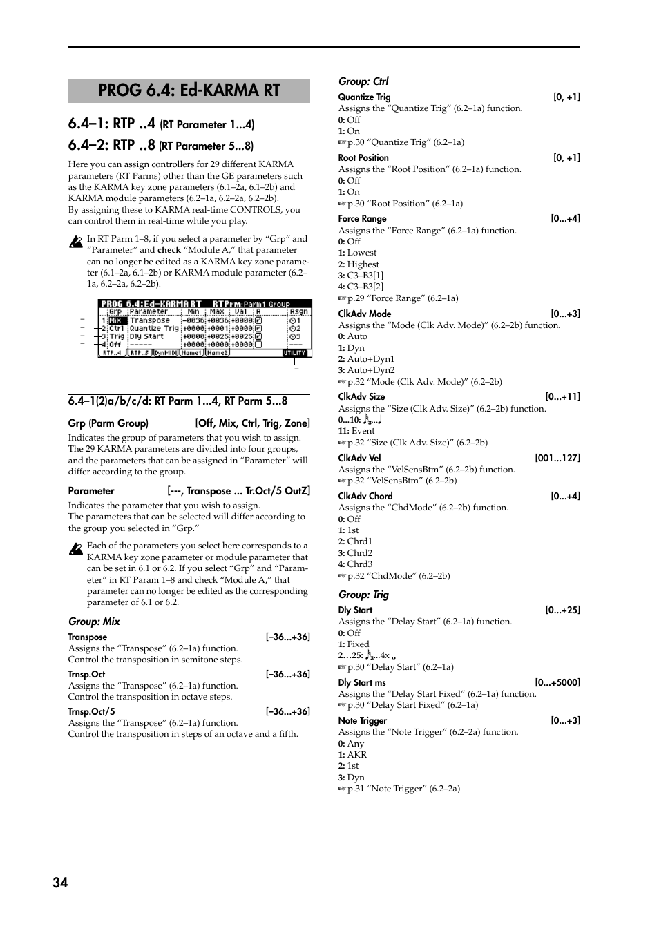 Prog 6.4: ed-karma rt, 4–1: rtp (rt parameter 1 ), 4–2: rtp (rt parameter 5 ) | 4–1(2)a/b/c/d: rt parm 1 , rt parm 5, P.34), 4–1: rtp, 4–2: rtp | KORG TRITON STUDIO music workstation User Manual | Page 44 / 305