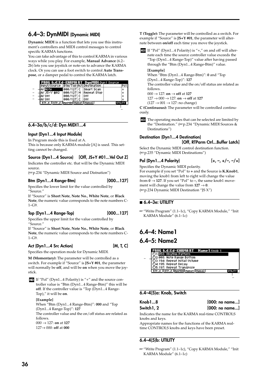 4–3: dynmidi (dynamic midi), 4–3a/b/c/d: dyn midi1, N 6.4–3e: utility | 4–4: name1, 4–5: name2, 4–4(5)a: knob, switch, 4–4(5)b: utility, 4–3: dynmidi | KORG TRITON STUDIO music workstation User Manual | Page 46 / 305