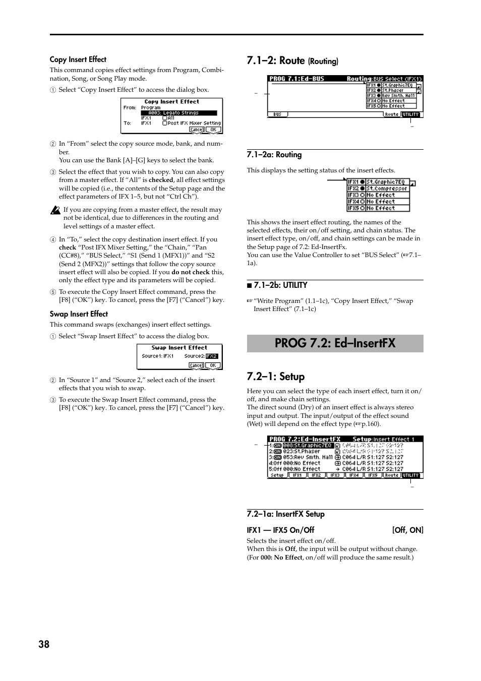 1–2: route (routing), 1–2a: routing, N 7.1–2b: utility | Prog 7.2: ed–insertfx, 2–1: setup, 2–1a: insertfx setup, P.38), 1–2: route | KORG TRITON STUDIO music workstation User Manual | Page 48 / 305