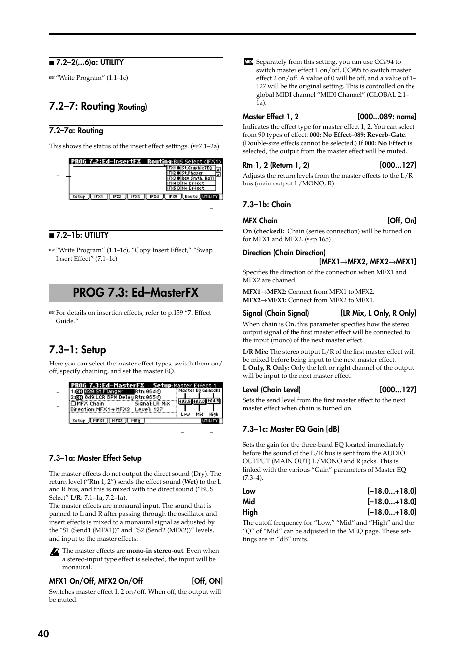 2–7: routing (routing), 2–7a: routing, N 7.2–1b: utility | Prog 7.3: ed–masterfx, 3–1: setup, 3–1a: master effect setup, 3–1b: chain, 3–1c: master eq gain [db, P.40), 2–7: routing | KORG TRITON STUDIO music workstation User Manual | Page 50 / 305