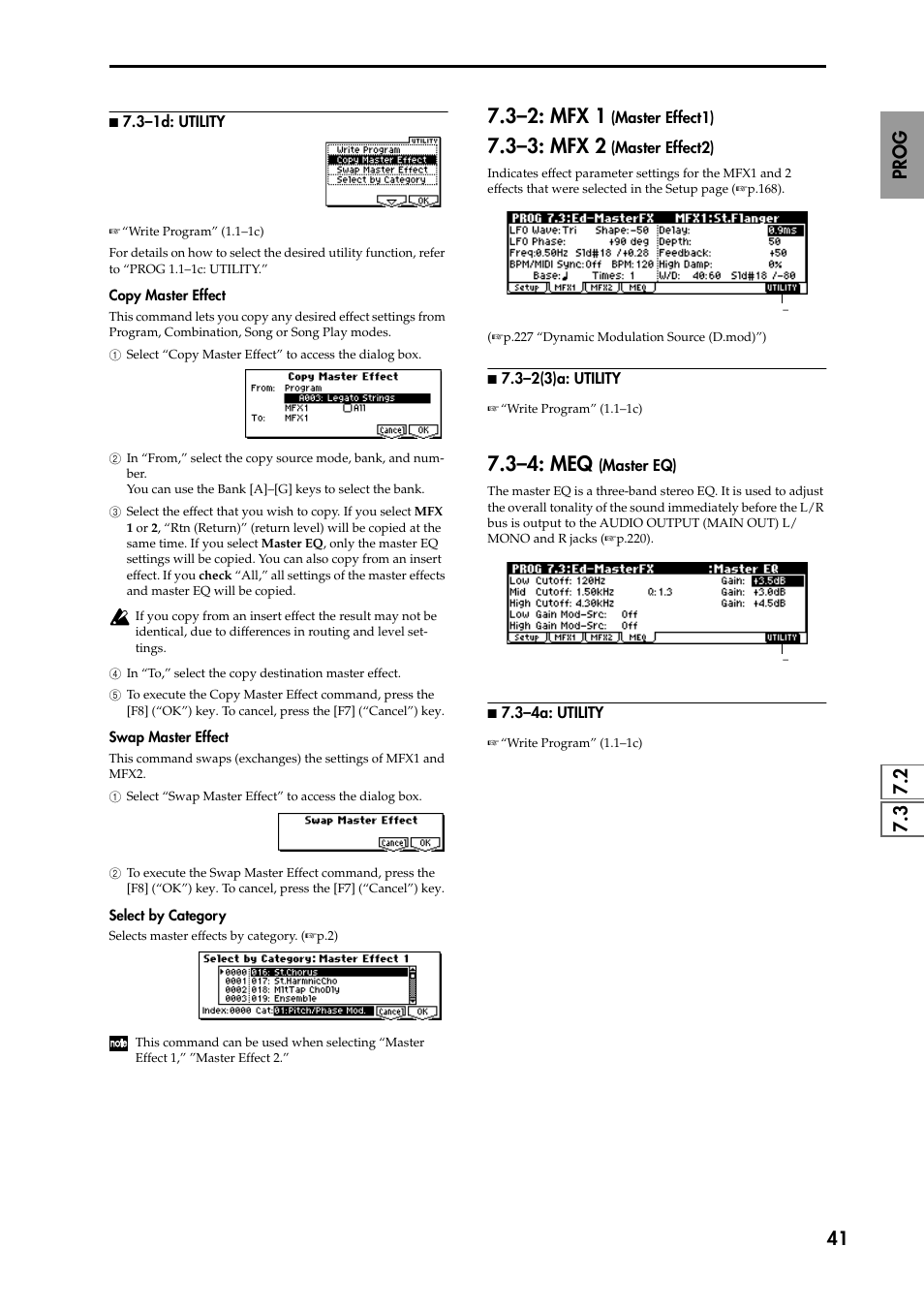 N 7.3–1d: utility, 3–2: mfx 1 (master effect1), 3–3: mfx 2 (master effect2) | N 7.3–2(3)a: utility, 3–4: meq (master eq), N 7.3–4a: utility, 3–2: mfx 1, 3–3: mfx 2, 3–4: meq | KORG TRITON STUDIO music workstation User Manual | Page 51 / 305