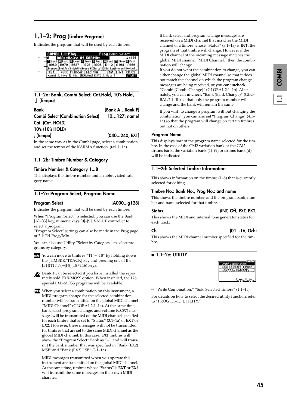 1–2a: bank, combi select, cat.hold, 10’s hold, 1–2b: timbre number & category, N 1.1–2e: utility | 1–2: prog (timbre program), 1–2: prog | KORG TRITON STUDIO music workstation User Manual | Page 55 / 305