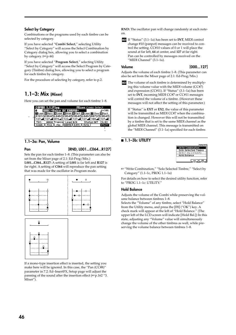 1–3: mix (mixer), 1–3a: pan, volume, N 1.1–3b: utility | 1–3: mix, Mixer), 1–3b: utility, Select by category, Volume [000, Hold balance | KORG TRITON STUDIO music workstation User Manual | Page 56 / 305