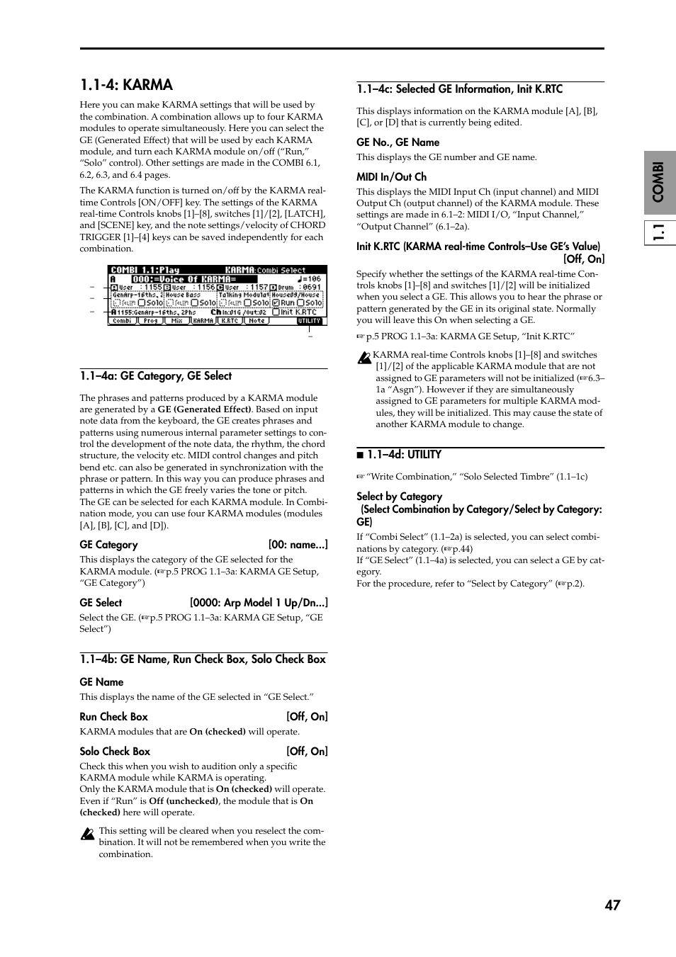 1–4a: ge category, ge select, 1–4b: ge name, run check box, solo check box, 1–4c: selected ge information, init k.rtc | N 1.1–4d: utility, 4: karma | KORG TRITON STUDIO music workstation User Manual | Page 57 / 305