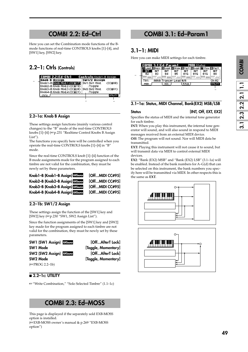 Combi 2.2: ed–ctrl, 2–1: ctrls (controls), 2–1a: knob b assign | 2–1b: sw1/2 assign, N 2.2–1c: utility, Combi 2.3: ed–moss, Combi 3.1: ed–param1, 1–1: midi, 1–1a: status, midi channel, bank(ex2) msb/lsb, P.49) | KORG TRITON STUDIO music workstation User Manual | Page 59 / 305