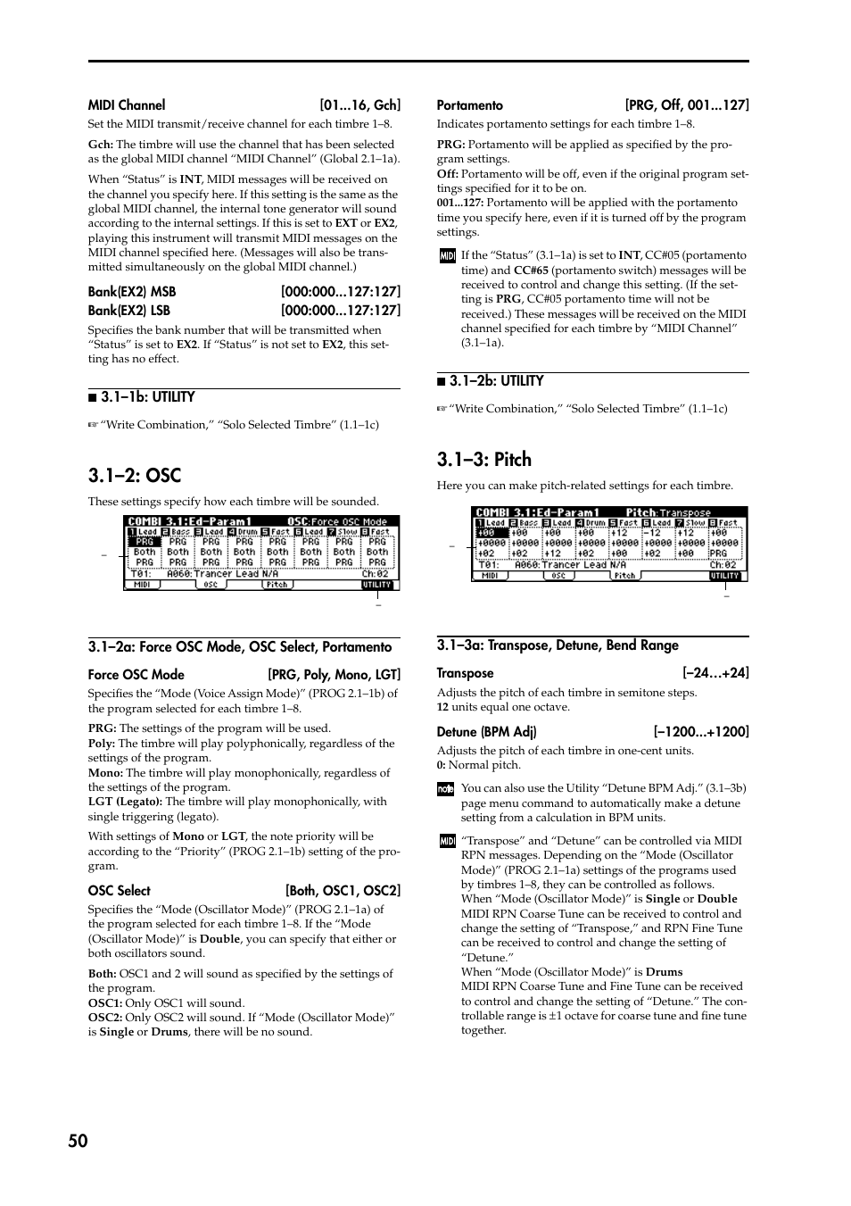 N 3.1–1b: utility, 1–2: osc, 1–2a: force osc mode, osc select, portamento | N 3.1–2b: utility, 1–3: pitch, 1–3a: transpose, detune, bend range | KORG TRITON STUDIO music workstation User Manual | Page 60 / 305