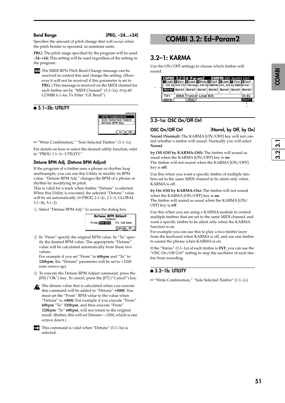 N 3.1–3b: utility, Combi 3.2: ed–param2, 2–1: karma | 2–1a: osc on/off ctrl, N 3.2–1b: utility, P.51) | KORG TRITON STUDIO music workstation User Manual | Page 61 / 305