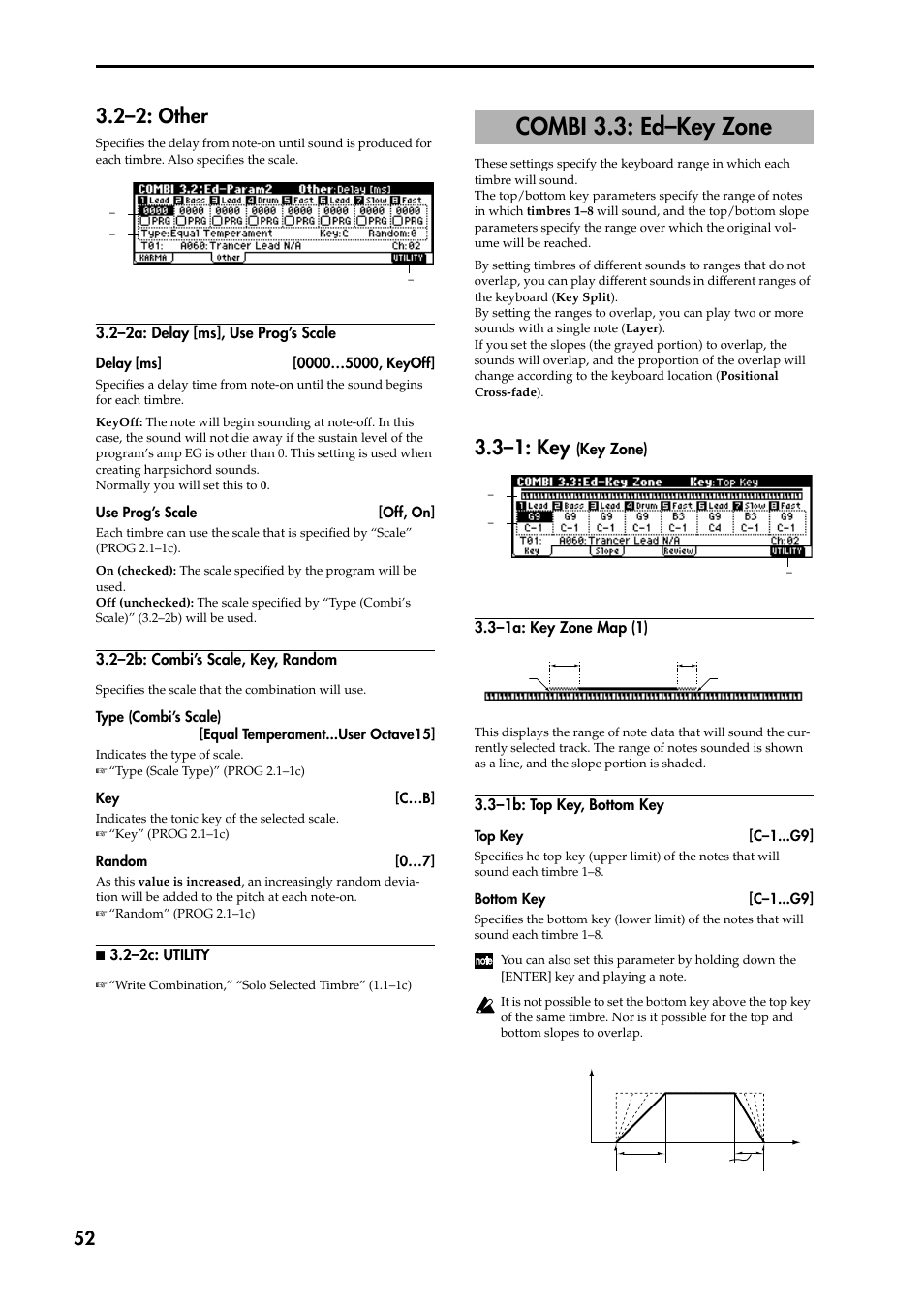 2–2a: delay [ms], use prog’s scale, 2–2b: combi’s scale, key, random, N 3.2–2c: utility | Combi 3.3: ed–key zone, 3–1: key (key zone), 3–1a: key zone map (1), 3–1b: top key, bottom key, 2–2: other, P.52), 3–1: key | KORG TRITON STUDIO music workstation User Manual | Page 62 / 305