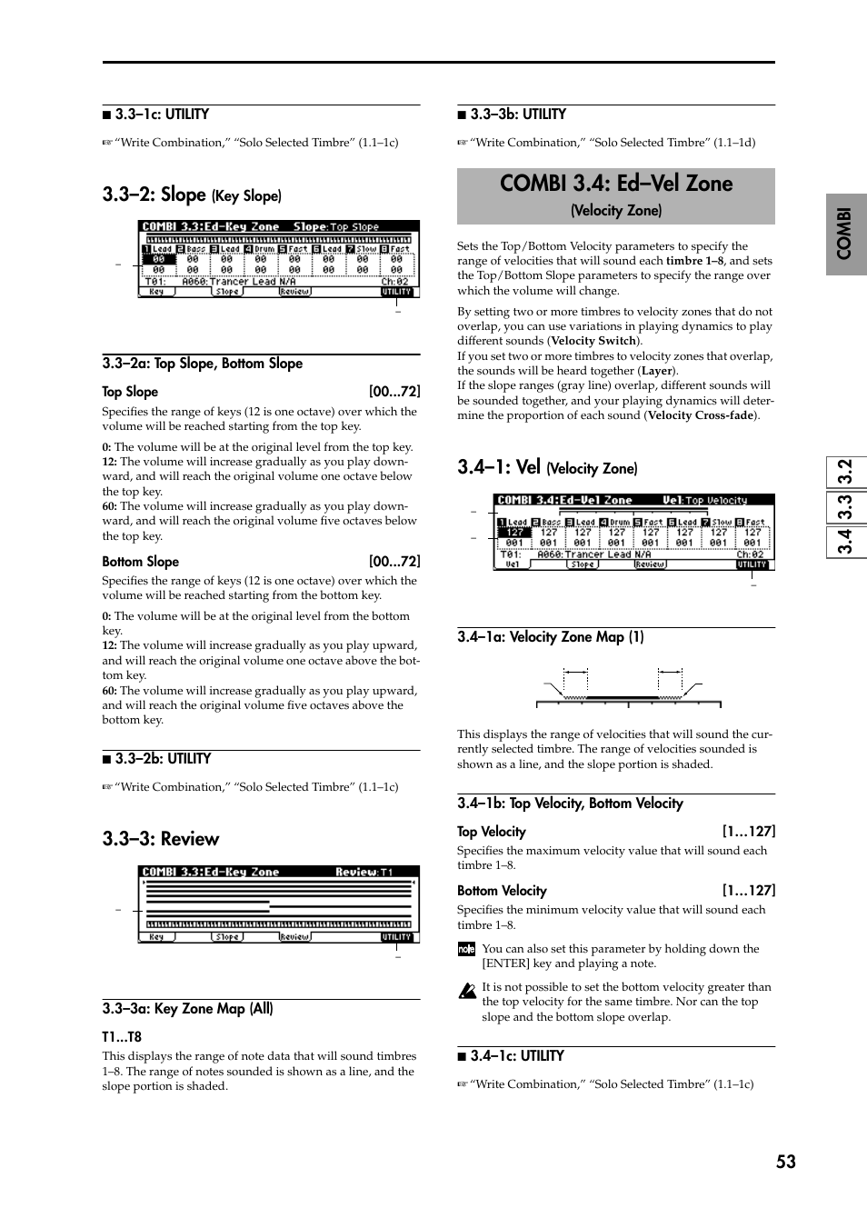 N 3.3–1c: utility, 3–2: slope (key slope), 3–2a: top slope, bottom slope | N 3.3–2b: utility, 3–3: review, 3–3a: key zone map (all), N 3.3–3b: utility, Combi 3.4: ed–vel zone (velocity zone), 4–1: vel (velocity zone), 4–1a: velocity zone map (1) | KORG TRITON STUDIO music workstation User Manual | Page 63 / 305