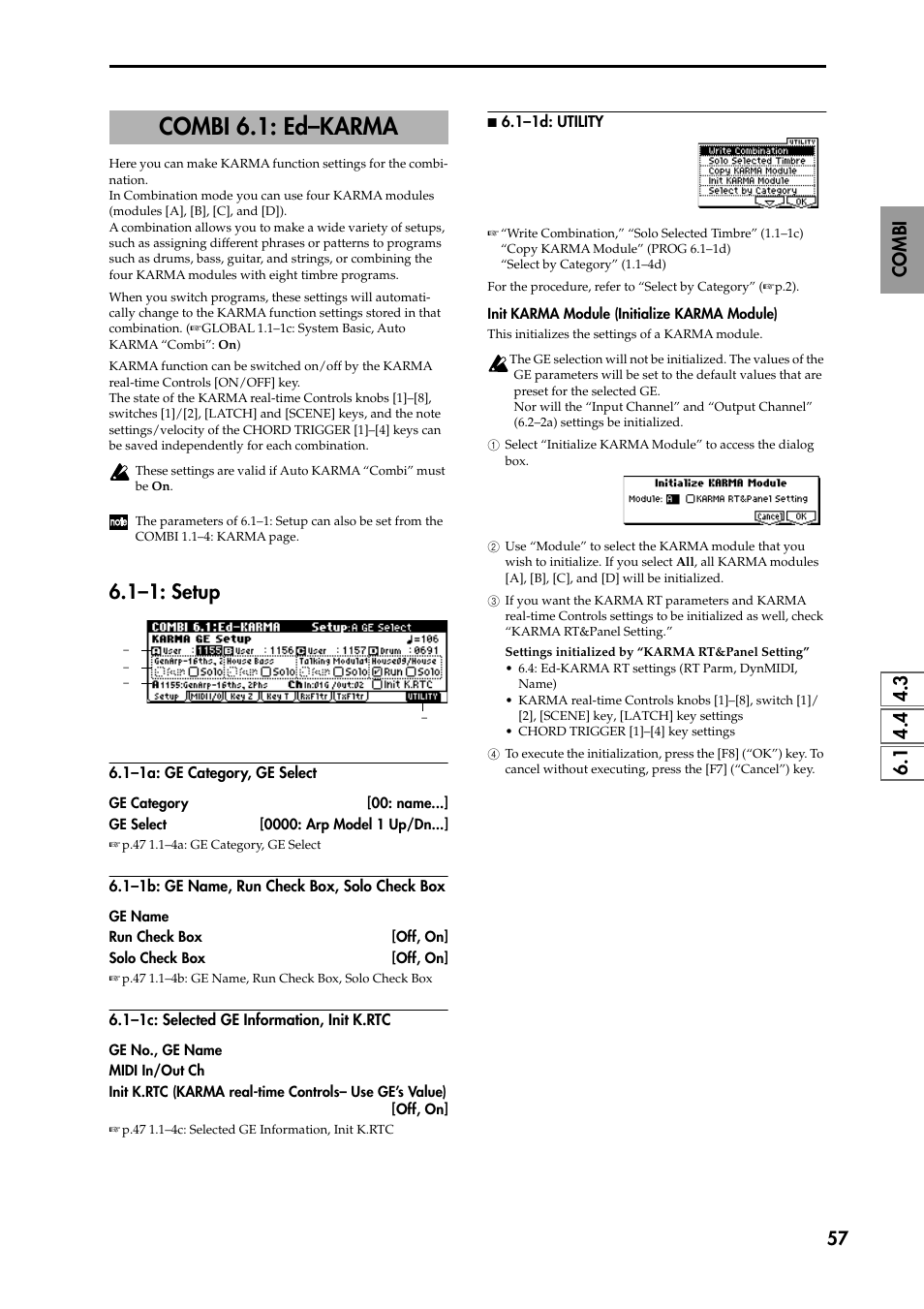 Combi 6.1: ed–karma, 1–1: setup, 1–1a: ge category, ge select | 1–1b: ge name, run check box, solo check box, 1–1c: selected ge information, init k.rtc, P.57) | KORG TRITON STUDIO music workstation User Manual | Page 67 / 305