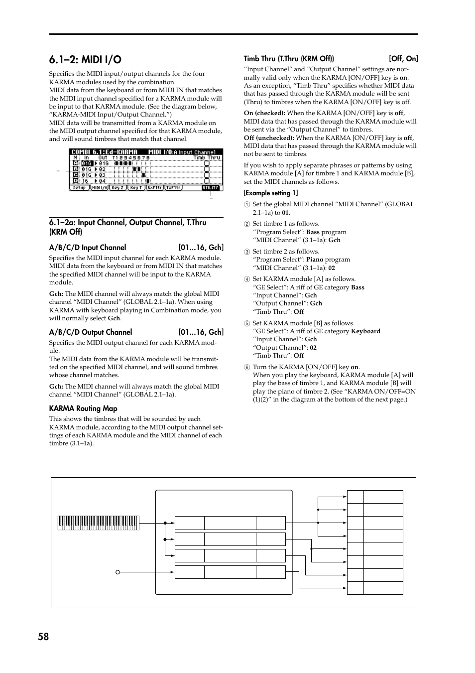 1–2a: input channel, output channel, t.thru (krm, 1–2: midi i/o | KORG TRITON STUDIO music workstation User Manual | Page 68 / 305