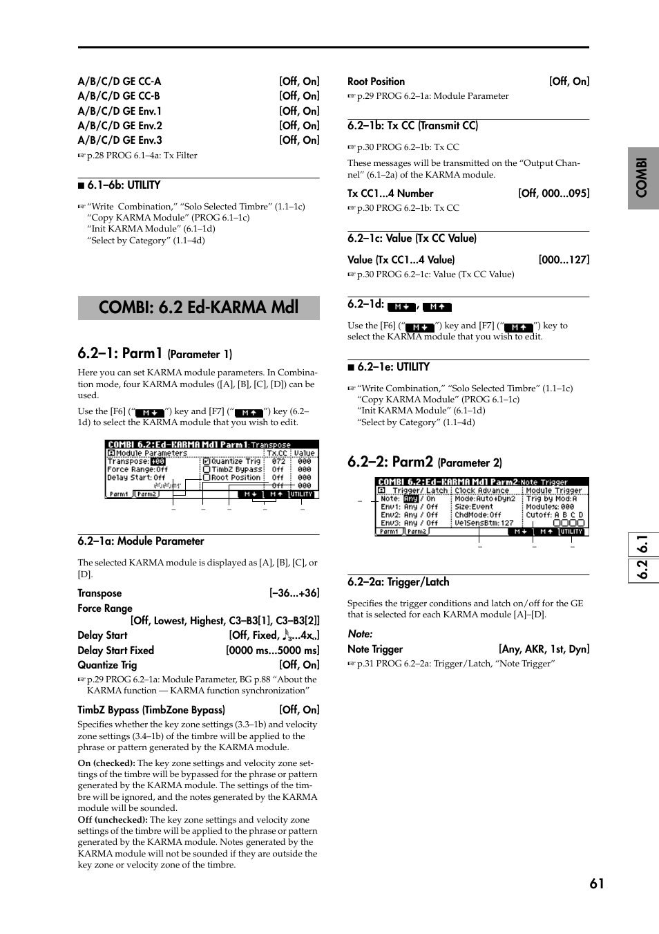 N 6.1–6b: utility, Combi: 6.2 ed-karma mdl, 2–1: parm1 (parameter 1) | 2–1a: module parameter, 2–1b: tx cc (transmit cc), 2–1c: value (tx cc value), 2–1d, N 6.2–1e: utility, 2–2: parm2 (parameter 2), 2–2a: trigger/latch | KORG TRITON STUDIO music workstation User Manual | Page 71 / 305
