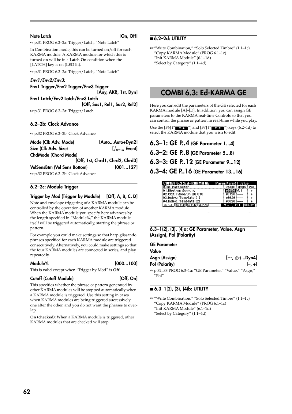 2–2b: clock advance, 2–2c: module trigger, Combi 6.3: ed-karma ge | 3–1: ge p (ge parameter 1 ), 3–2: ge p (ge parameter 5 ), 3–3: ge p (ge parameter 9 ), 3–4: ge p (ge parameter 13 ), 3–1(2), (3), (4)a: ge parameter, value, asgn (as, N 6.3–1(2), (3), (4)b: utility, P.62) | KORG TRITON STUDIO music workstation User Manual | Page 72 / 305