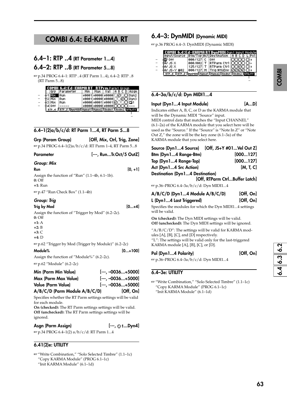 Combi 6.4: ed-karma rt, 4–1: rtp (rt parameter 1 ), 4–2: rtp (rt parameter 5 ) | 4–1(2)a/b/c/d: rt parm 1 , rt parm 5, 41(2)e: utility, 4–3a/b/c/d: dyn midi1, 4–3e: utility, 4–3: dynmidi (dynamic midi), P.63), 4–1: rtp | KORG TRITON STUDIO music workstation User Manual | Page 73 / 305