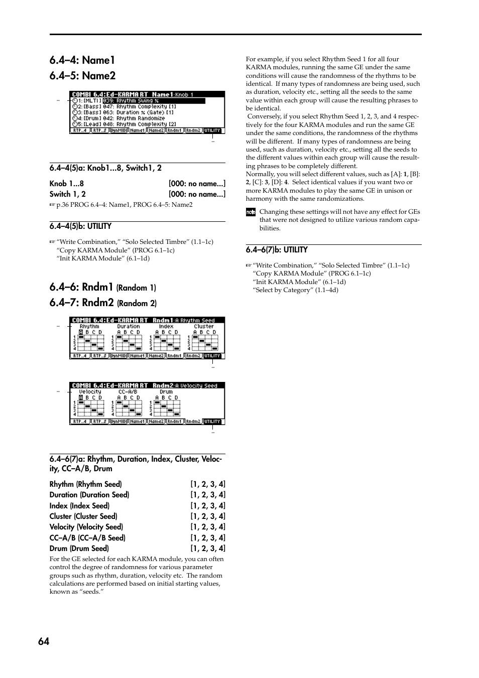 4–5: name2, 4–4(5)a: knob1 , switch1, 2, 4–4(5)b: utility | 4–6: rndm1 (random 1), 4–7: rndm2 (random 2), 4–6(7)a: rhythm, duration, index, cluster, veloc, 4–6(7)b: utility, 4–4: name1, 4–6: rndm1, 4–7: rndm2 | KORG TRITON STUDIO music workstation User Manual | Page 74 / 305