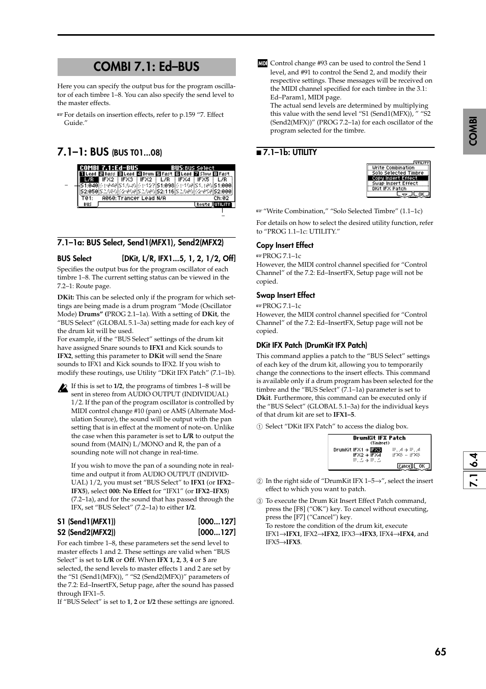 Combi 7.1: ed–bus, 1–1: bus (bus t01 ), 1–1a: bus select, send1(mfx1), send2(mfx2) | N 7.1–1b: utility, P.65), 1–1: bus | KORG TRITON STUDIO music workstation User Manual | Page 75 / 305