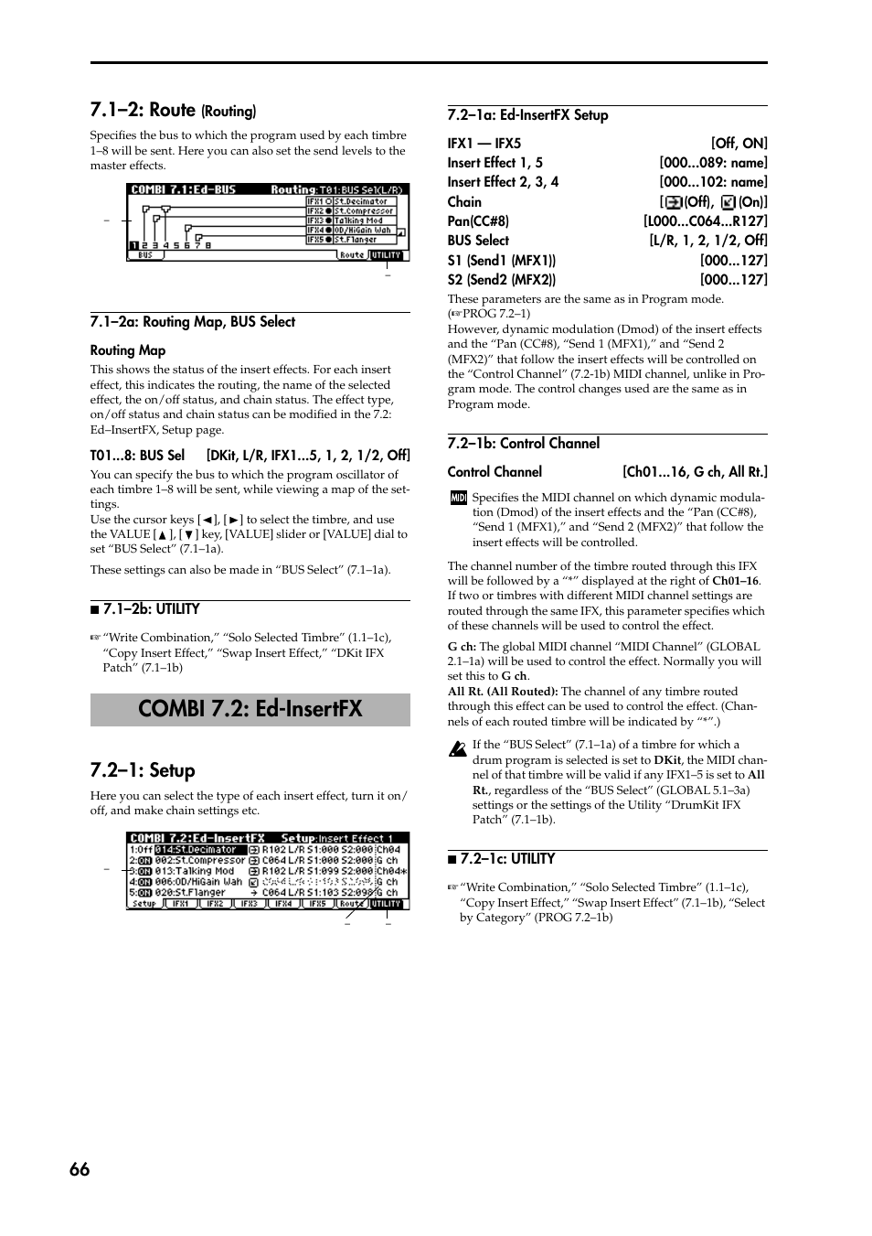 1–2a: routing map, bus select, N 7.1–2b: utility, Combi 7.2: ed-insertfx | 2–1: setup, 2–1a: ed-insertfx setup, 2–1b: control channel, N 7.2–1c: utility, 1–2: route (routing), P.66), 1–2: route | KORG TRITON STUDIO music workstation User Manual | Page 76 / 305