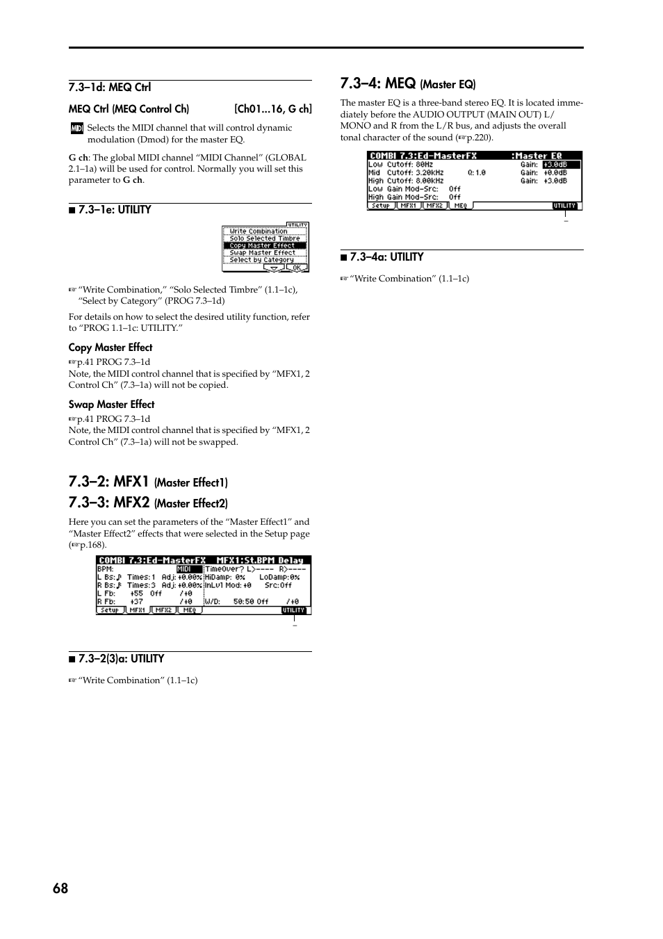 N 7.3–1e: utility, 3–2: mfx1 (master effect1), 3–3: mfx2 (master effect2) | N 7.3–2(3)a: utility, N 7.3–4a: utility, 3–4: meq (master eq), 3–1: ge p (ge parameter 1 ), 3–2: mfx1, 3–3: mfx2, 3–4: meq | KORG TRITON STUDIO music workstation User Manual | Page 78 / 305