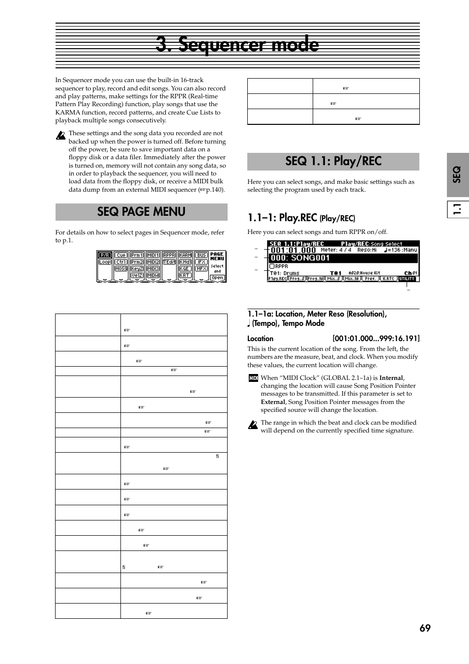 Sequencer mode, Seq 1.1: play/rec, 1–1: play.rec (play/rec) | 1–1a: location, meter reso (resolution), q(temp, Seq page menu, 1–1: play.rec | KORG TRITON STUDIO music workstation User Manual | Page 79 / 305