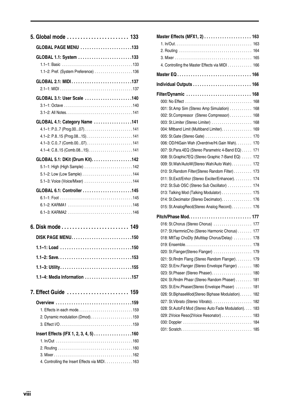 Viii 5. global mode, Disk mode, Effect guide | KORG TRITON STUDIO music workstation User Manual | Page 8 / 305