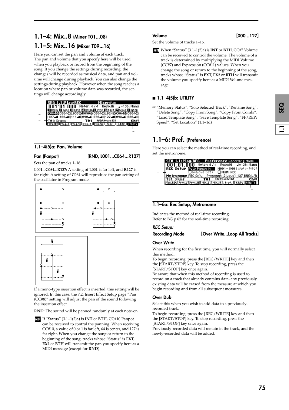 1–5: mix (mixer t09 ), 1–4(5)a: pan, volume, N 1.1–4(5)b: utility | 1–6: pref. (preference), 1–6a: rec setup, metronome, 1–4: mix (mixer t01 ), 1–4: mix, 1–5: mix, 1–6: pref, Mixer t01 ) | KORG TRITON STUDIO music workstation User Manual | Page 85 / 305