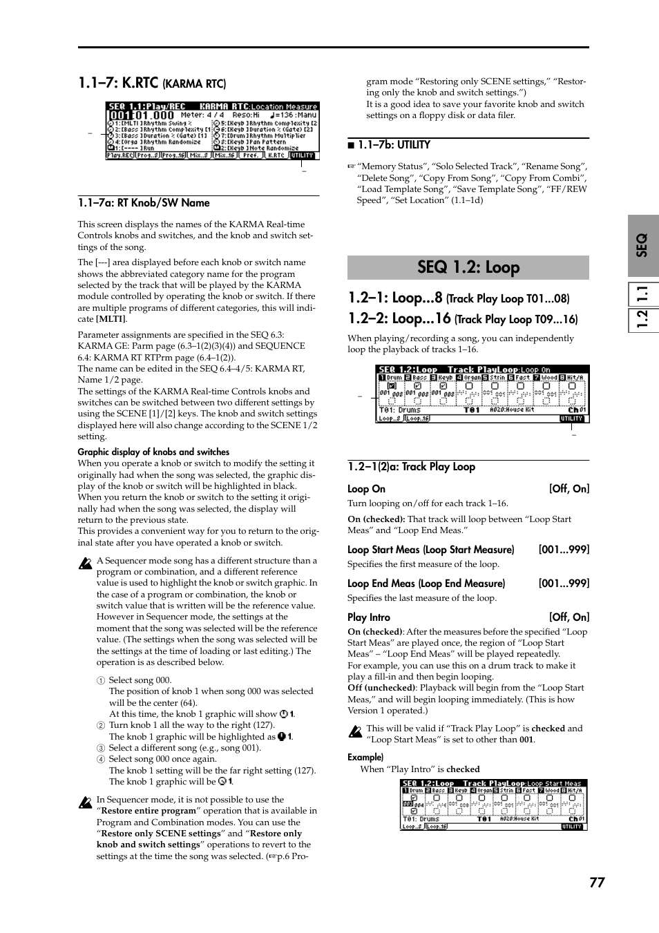 1–7a: rt knob/sw name, N 1.1–7b: utility, Seq 1.2: loop | 2–1: loop (track play loop t01 ), 2–2: loop (track play loop t09 ), 2–1(2)a: track play loop, 1–7: k.rtc (karma rtc), P.77), 1–7: k.rtc, 2–1: loop | KORG TRITON STUDIO music workstation User Manual | Page 87 / 305