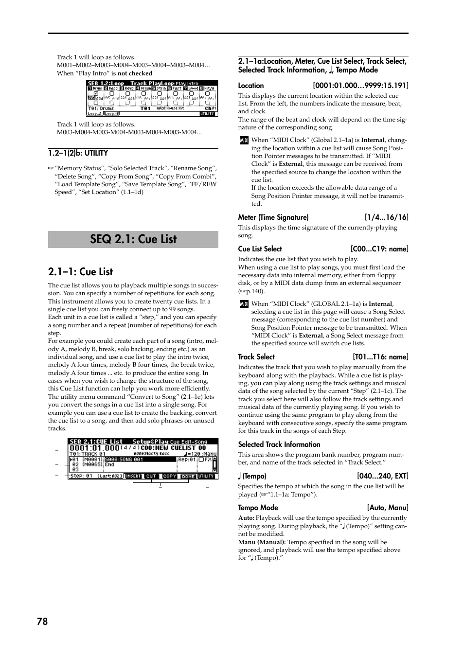 2–1(2)b: utility, Seq 2.1: cue list, 1–1: cue list | P.78) | KORG TRITON STUDIO music workstation User Manual | Page 88 / 305