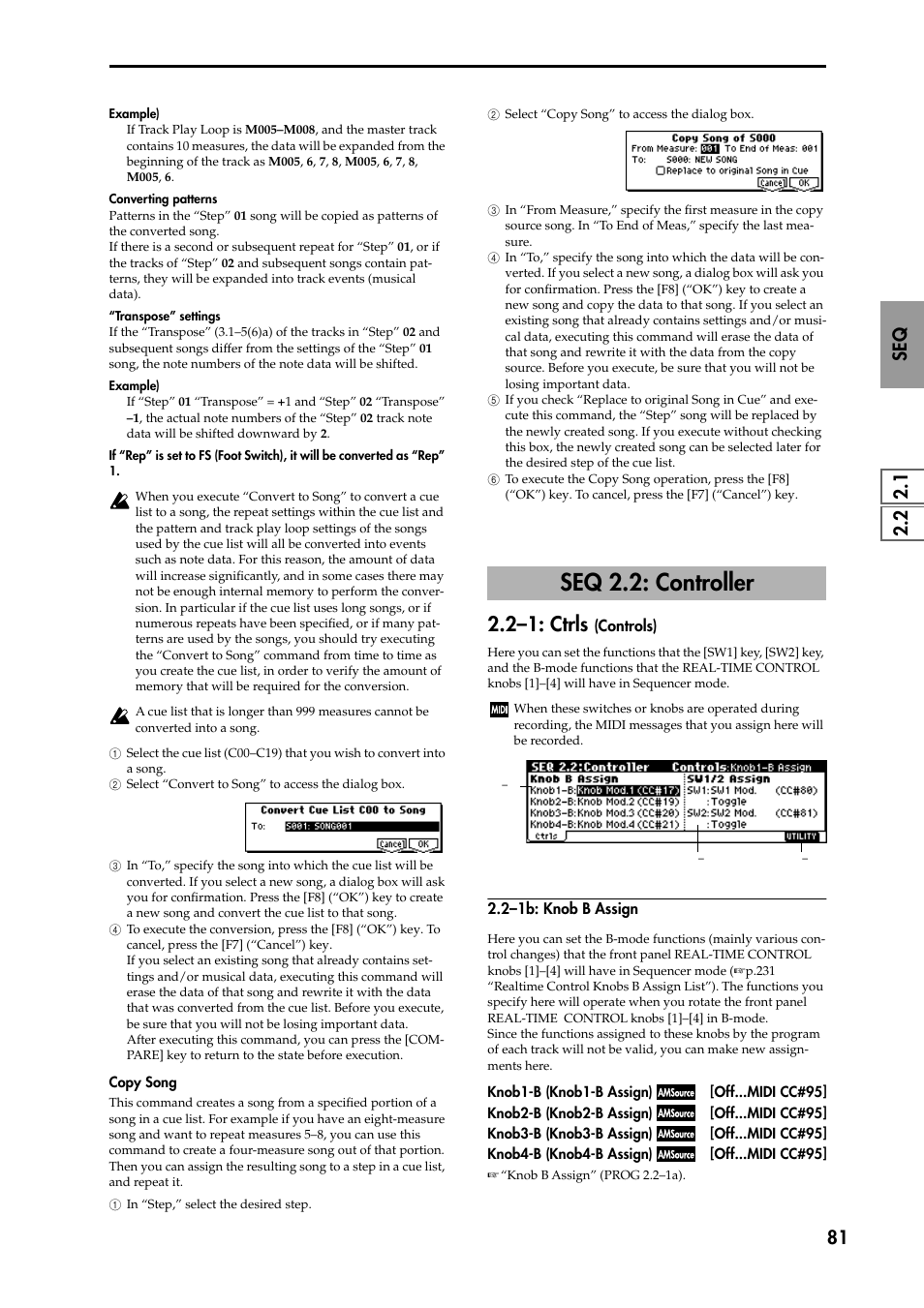 Seq 2.2: controller, 2–1: ctrls (controls), 2–1b: knob b assign | P.81), 2–1: ctrls | KORG TRITON STUDIO music workstation User Manual | Page 91 / 305