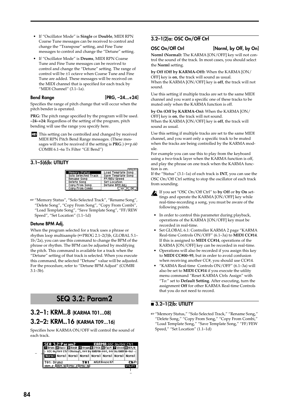 1–5(6)b: utility, Seq 3.2: param2, 2–1: krm (karma t01 ) | 2–2: krm (karma t09 ), 2–1(2)a: osc on/off ctrl, N 3.2–1(2)b: utility, P.84), 2–1: krm, 2–2: krm | KORG TRITON STUDIO music workstation User Manual | Page 94 / 305