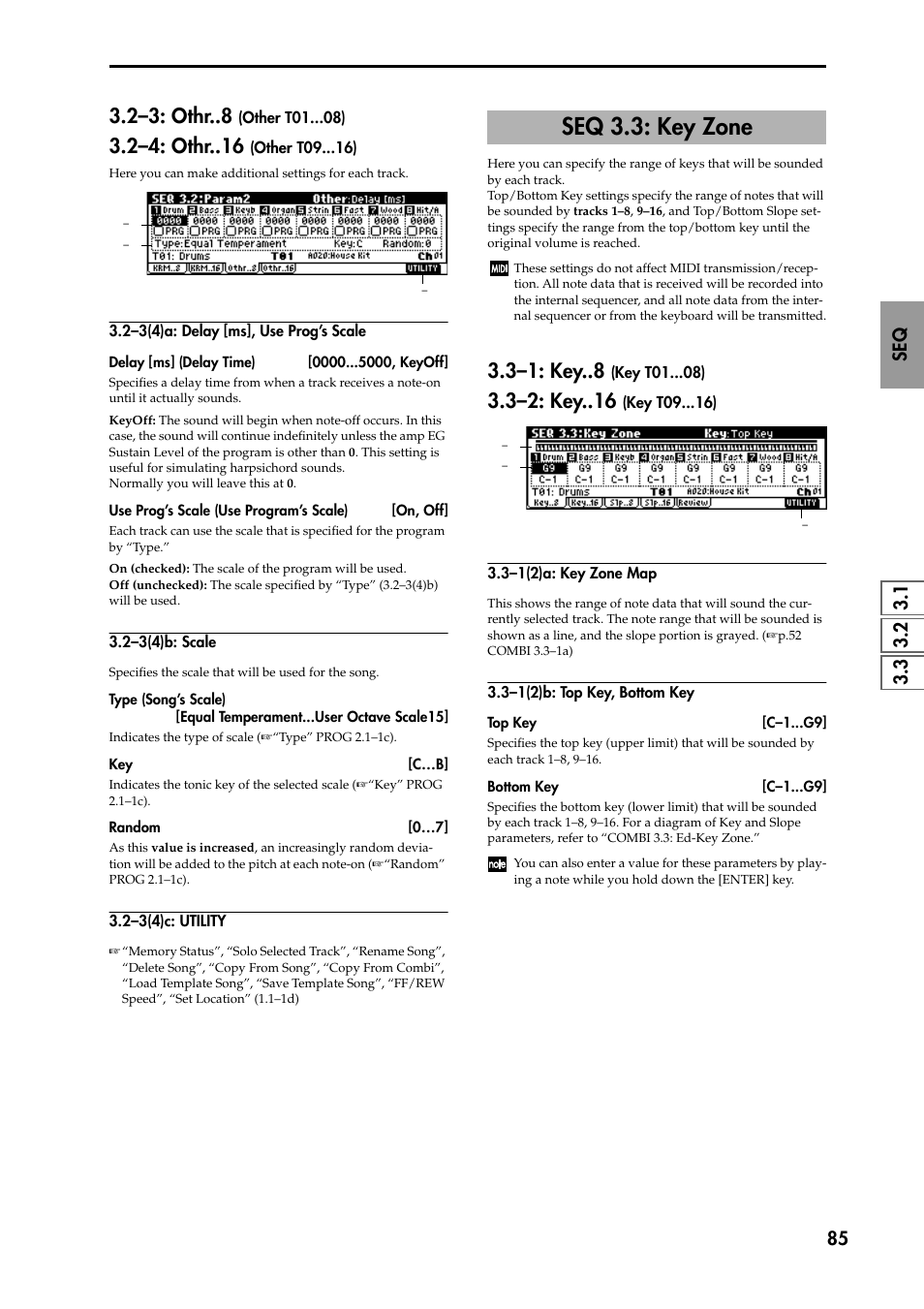 2–3: othr (other t01 ), 2–4: othr (other t09 ), 2–3(4)a: delay [ms], use prog’s scale | 2–3(4)b: scale, 2–3(4)c: utility, Seq 3.3: key zone, 3–1: key (key t01 ), 3–2: key (key t09 ), 3–1(2)a: key zone map, 3–1(2)b: top key, bottom key | KORG TRITON STUDIO music workstation User Manual | Page 95 / 305