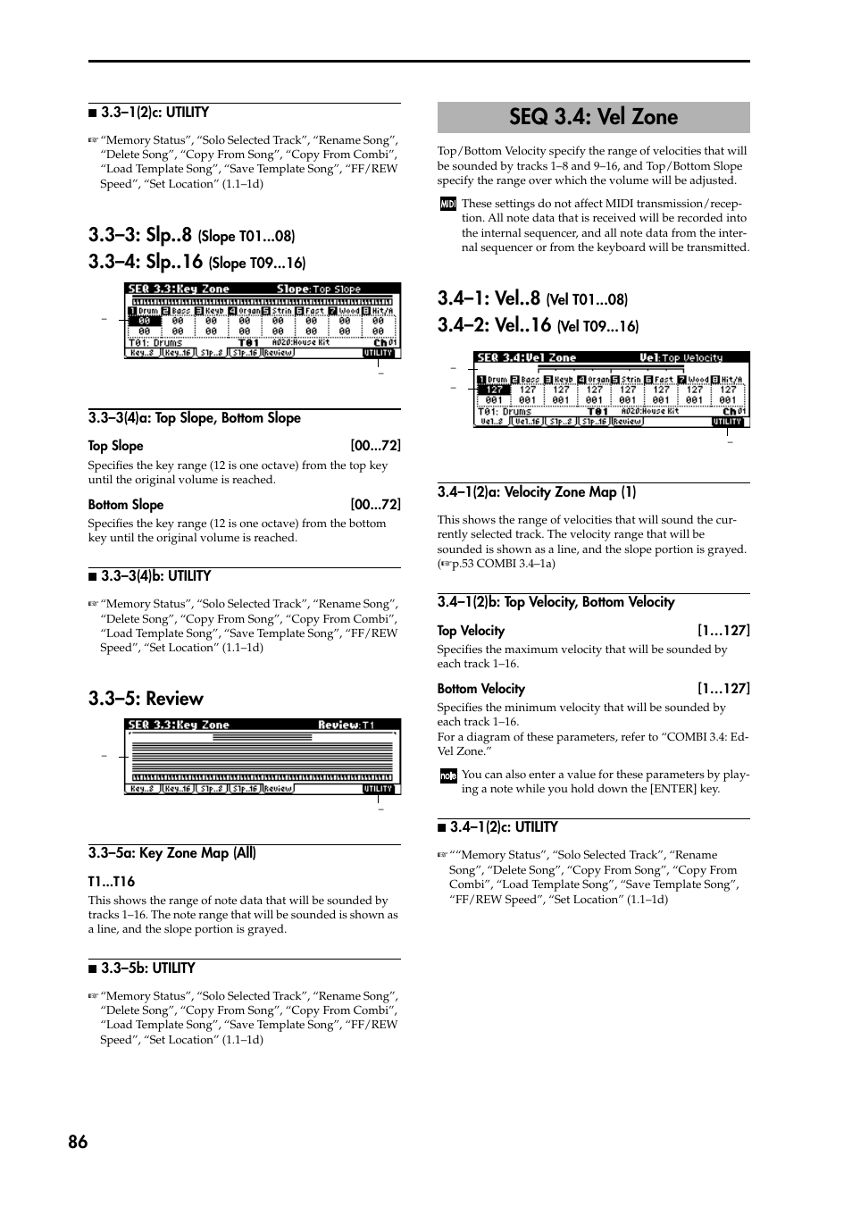 3–3: slp (slope t01 ), 3–4: slp (slope t09 ), 3–3(4)a: top slope, bottom slope | N 3.3–3(4)b: utility, 3–5: review, 3–5a: key zone map (all), N 3.3–5b: utility, Seq 3.4: vel zone, 4–1: vel (vel t01 ), 4–2: vel (vel t09 ) | KORG TRITON STUDIO music workstation User Manual | Page 96 / 305